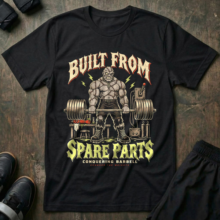 Built From Spare Parts - Tee front graphic in Black with a stitched-together monster deadlifting in a laboratory - Conquering Barbell