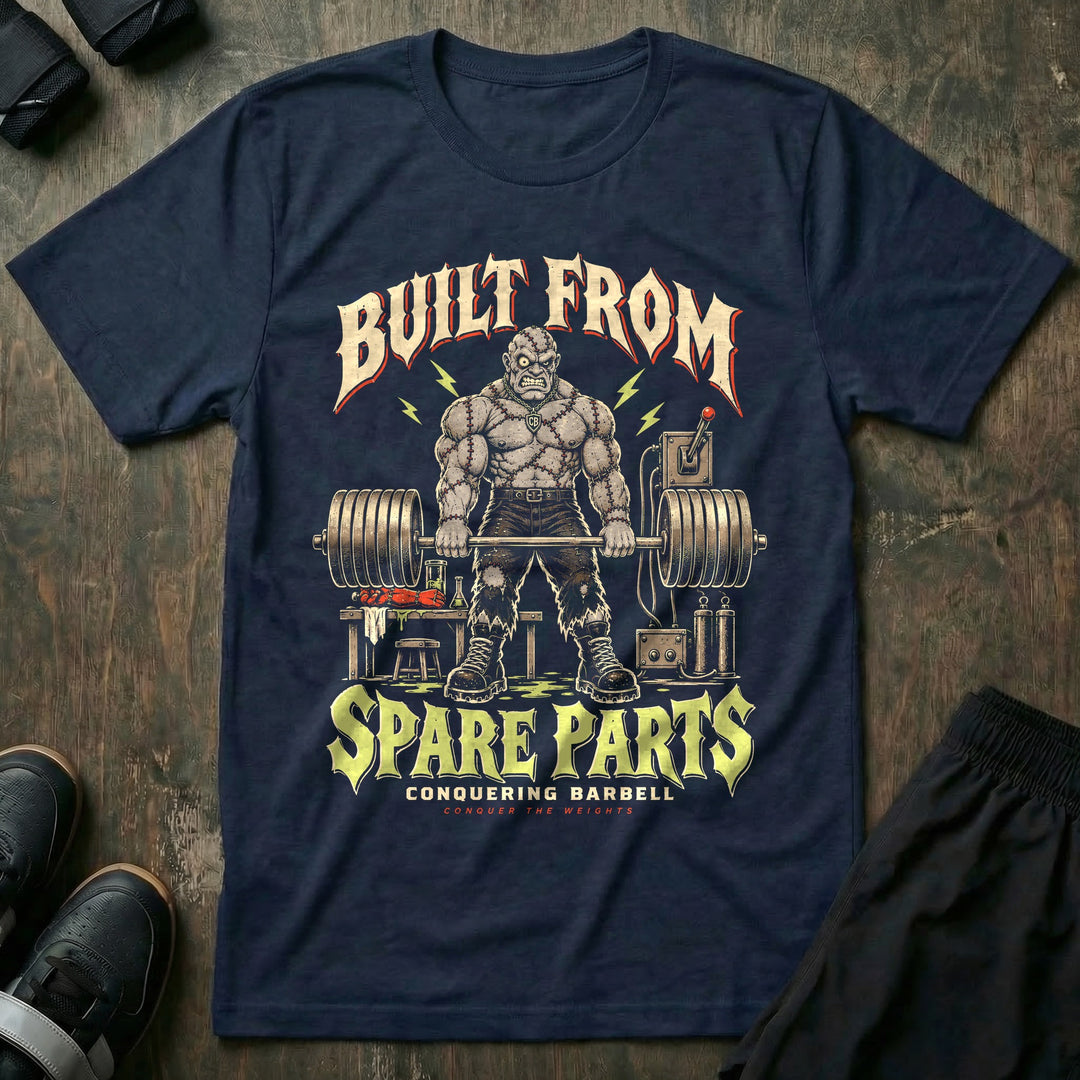 Built From Spare Parts - Tee front graphic in Navy with a stitched-together monster deadlifting in a laboratory - Conquering Barbell