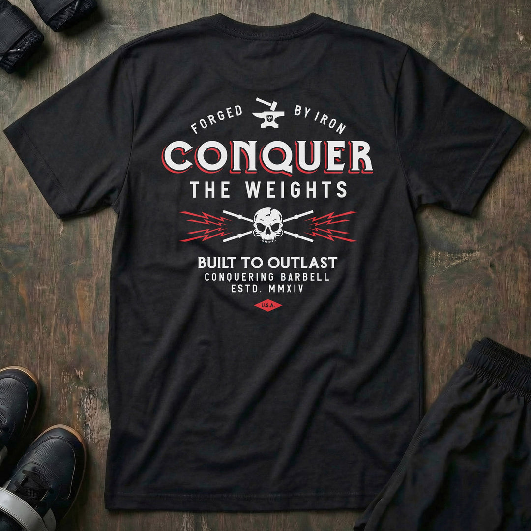 Built to Outlast tee in Black: CONQUER THE WEIGHTS in bold red and white lettering