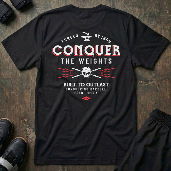 Built to Outlast tee in Black: CONQUER THE WEIGHTS in bold red and white lettering