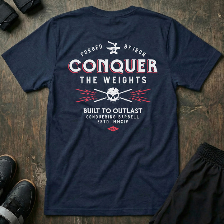 Built to Outlast tee in Navy: CONQUER THE WEIGHTS in bold red and white lettering