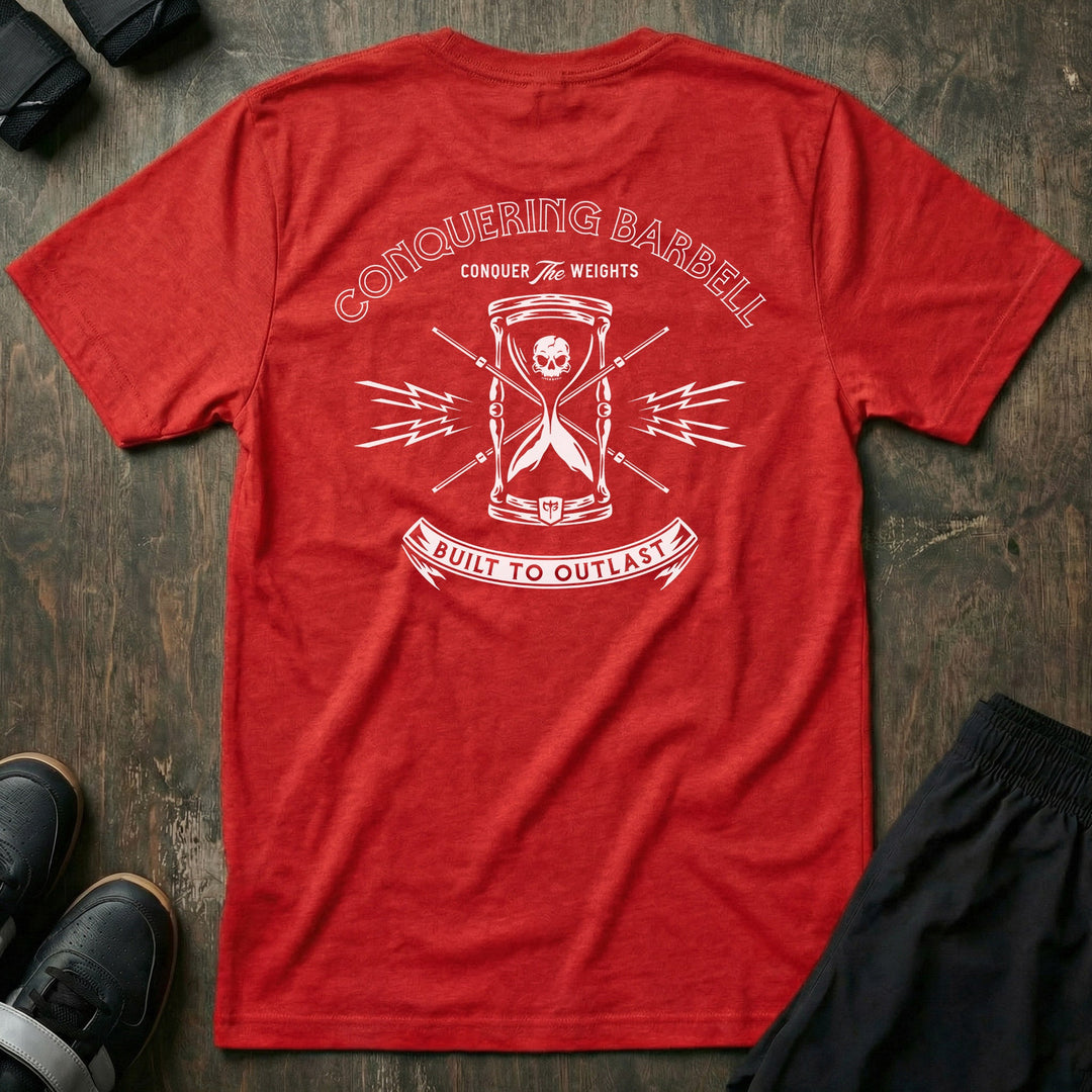 Built to Outlast Time tee in Red: a skull inside an hourglass with crossed barbells and lightning