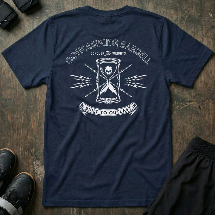 Built to Outlast Time tee in Navy: a skull inside an hourglass with crossed barbells and lightning