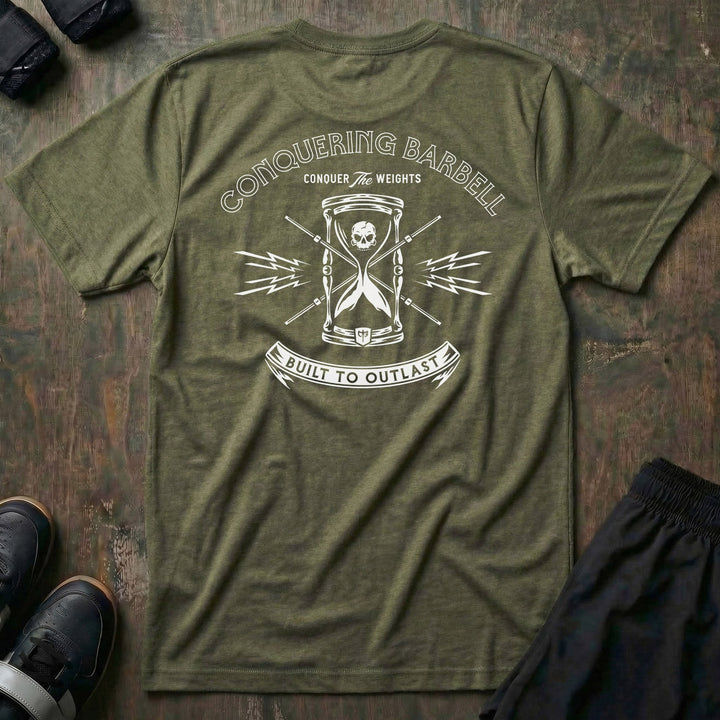Built to Outlast Time tee in Military: a skull inside an hourglass with crossed barbells and lightning