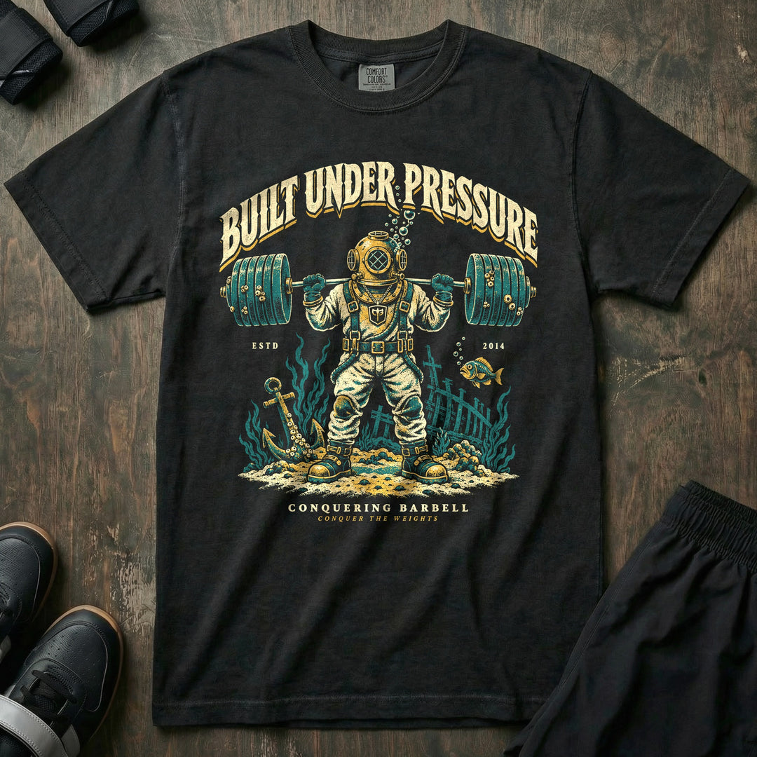 Built Under Pressure - Relaxed Fit Tee front graphic in Black with a deep-sea diver squatting a loaded barbell on the ocean floor - Conquering Barbell