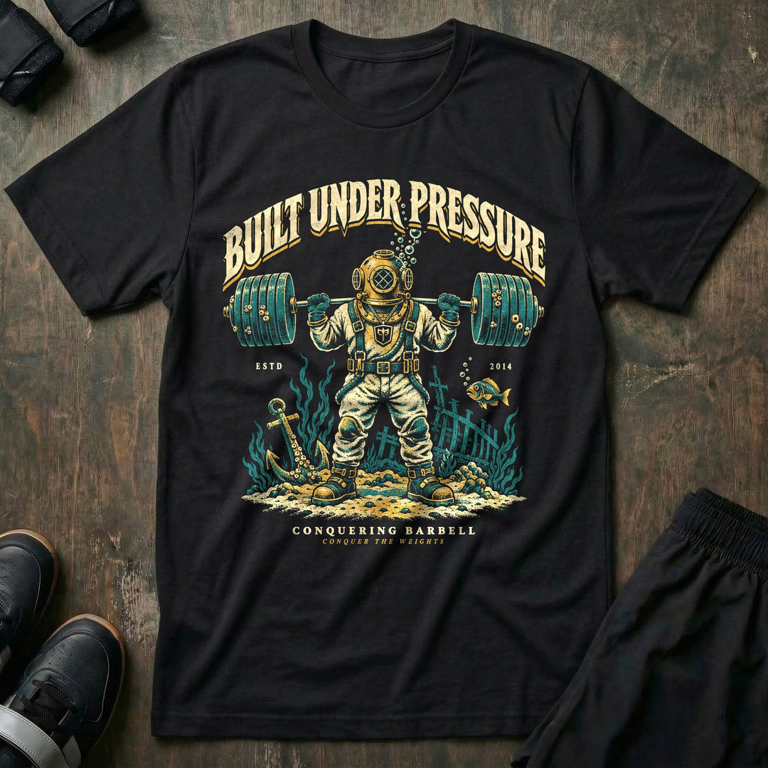 Built Under Pressure - Tee front graphic in Black with a deep-sea diver squatting a loaded barbell on the ocean floor - Conquering Barbell
