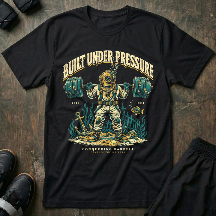 Built Under Pressure - Tee front graphic in Black with a deep-sea diver squatting a loaded barbell on the ocean floor - Conquering Barbell