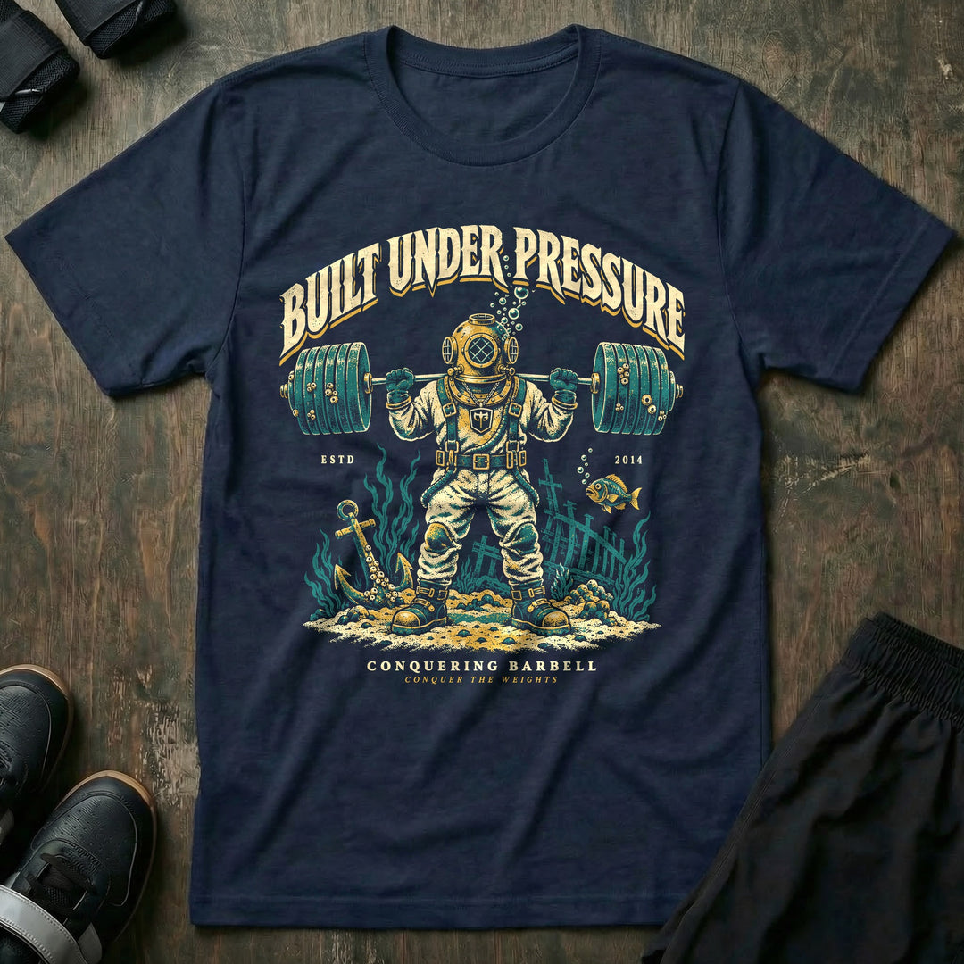 Built Under Pressure - Tee front graphic in Navy with a deep-sea diver squatting a loaded barbell on the ocean floor - Conquering Barbell