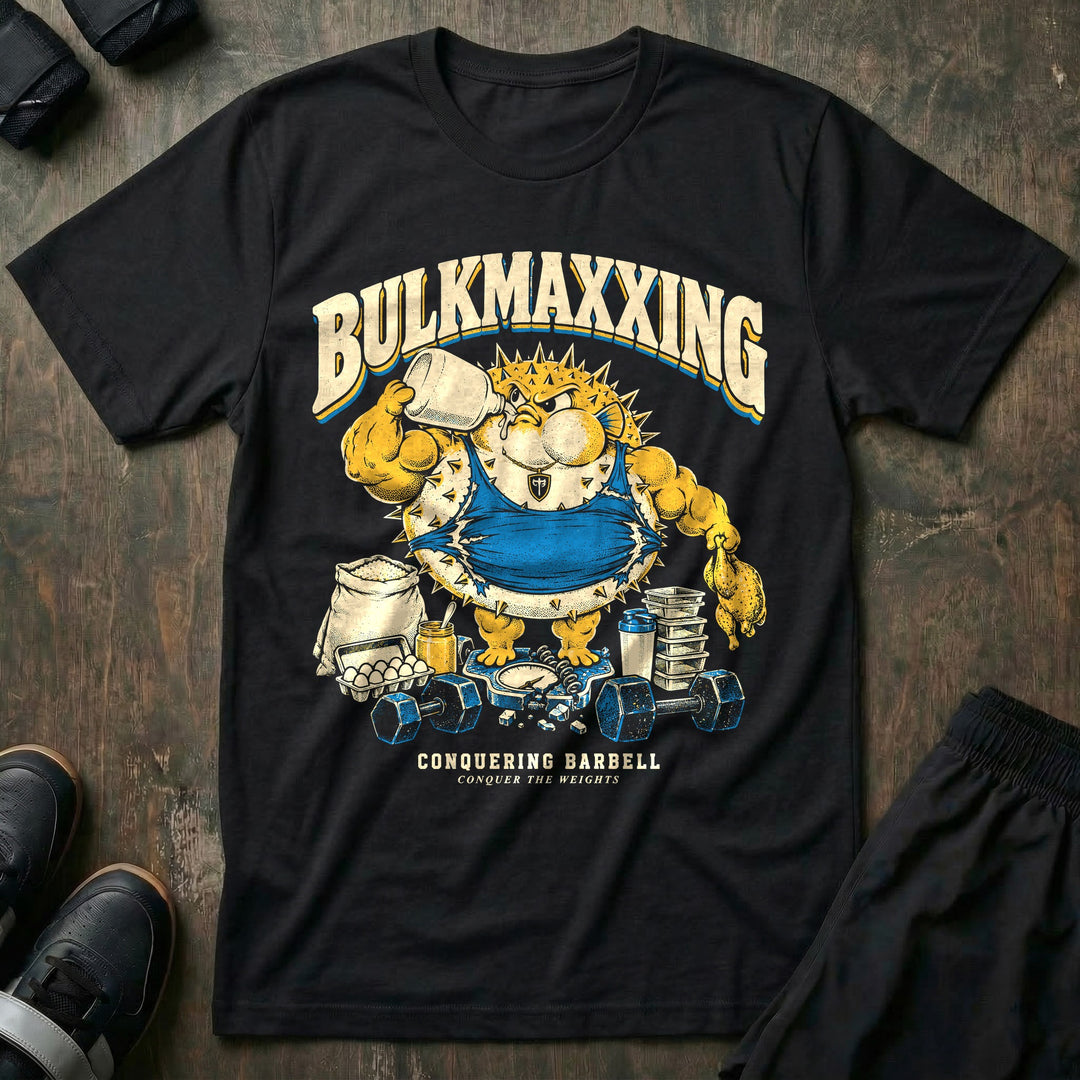 Bulkmaxxing - Tee front graphic in Black with a muscular pufferfish chugging a jug on a broken scale - Conquering Barbell