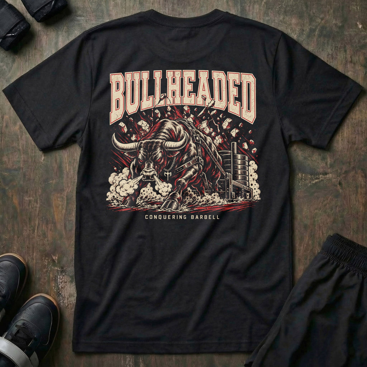 Bullheaded tee in Black: a raging bull breaking through a wall beside a loaded sled