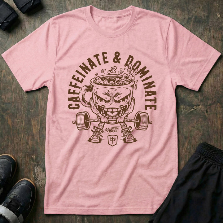 Caffeinate &amp; Dominate tee in Pink: an unhinged coffee mug with legs