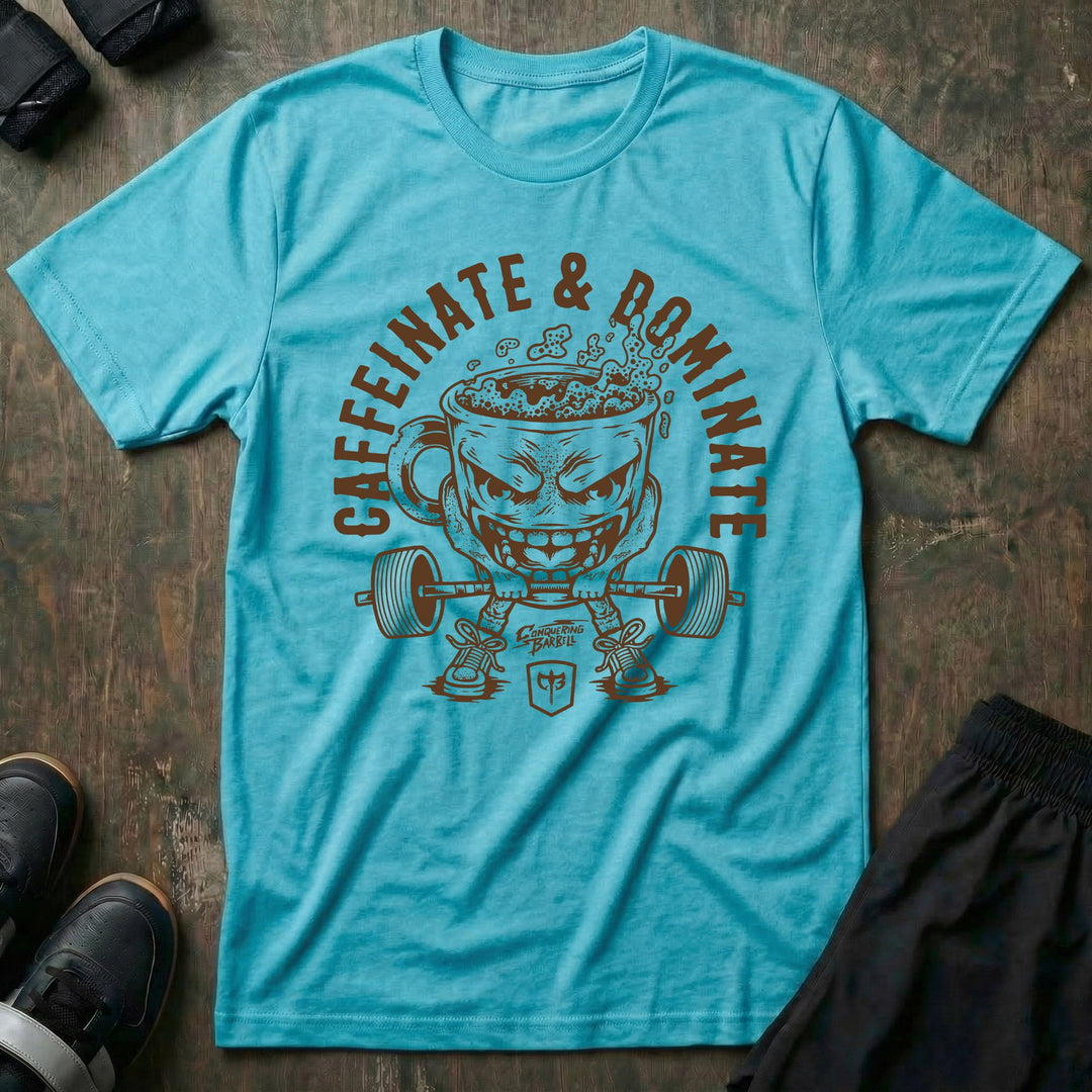 Caffeinate &amp; Dominate tee in Tahiti: an unhinged coffee mug with legs