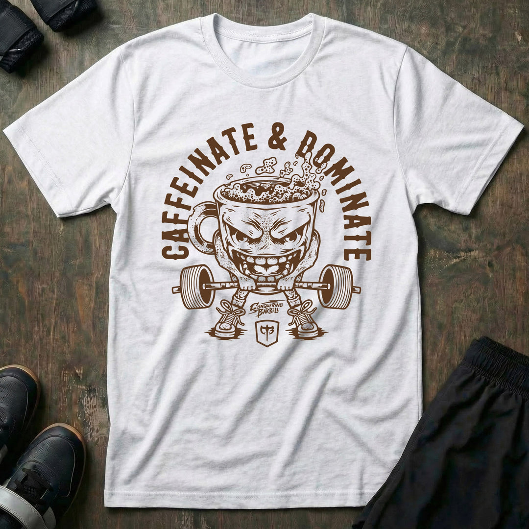 Caffeinate &amp; Dominate tee in White: an unhinged coffee mug with legs
