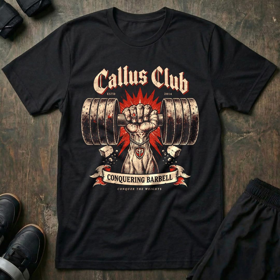 Callus Club - Tee front graphic in Black with a taped fist gripping a loaded barbell in a red starburst - Conquering Barbell