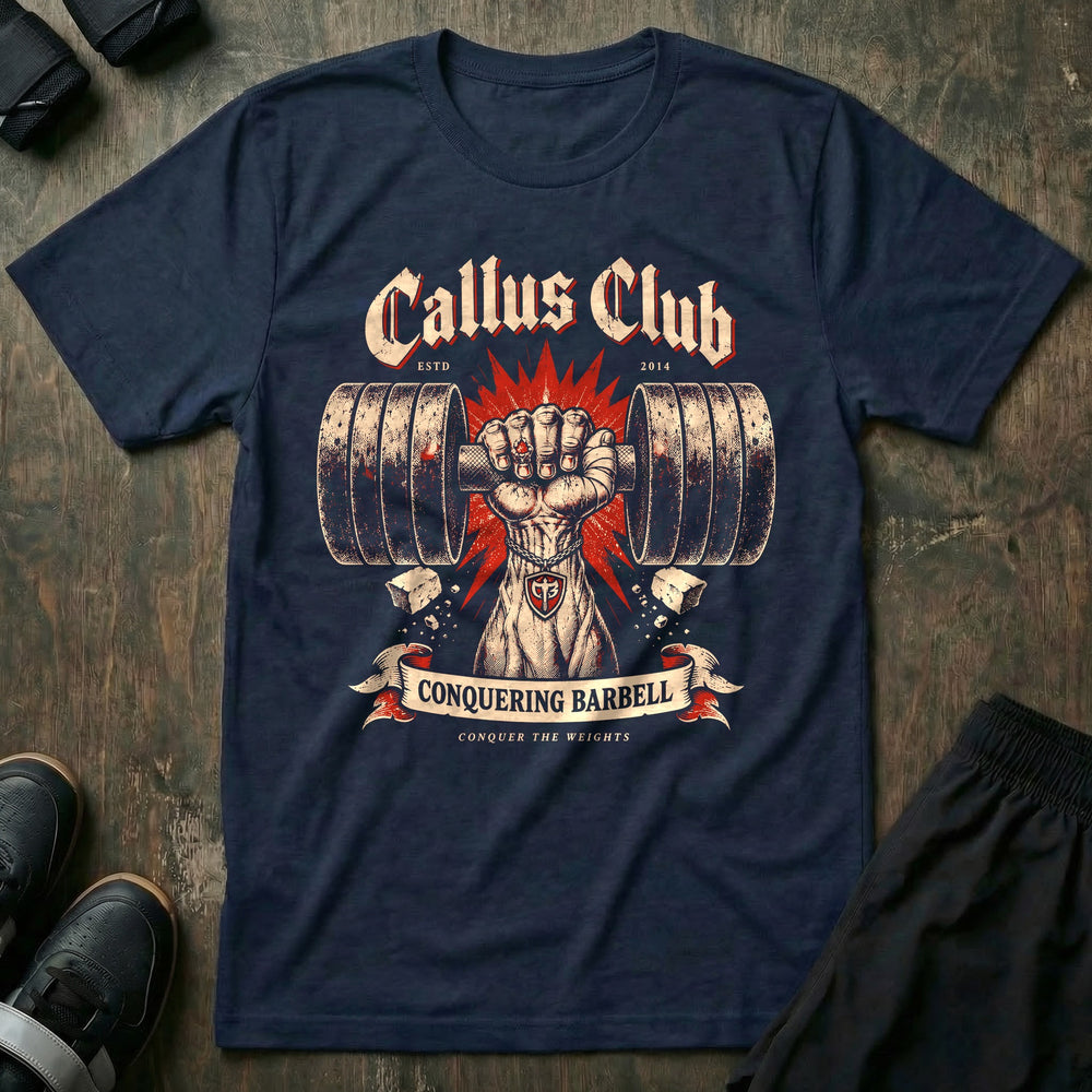 Callus Club - Tee front graphic in Navy with a taped fist gripping a loaded barbell in a red starburst - Conquering Barbell