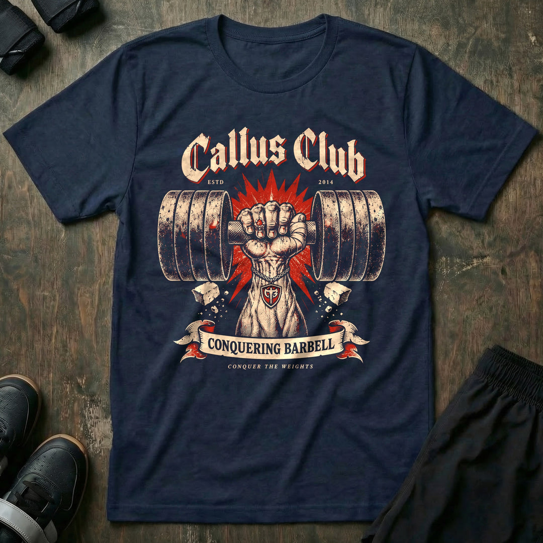 Callus Club - Tee front graphic in Navy with a taped fist gripping a loaded barbell in a red starburst - Conquering Barbell