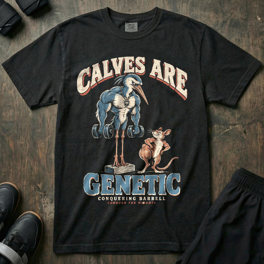 Calves Are Genetic - Relaxed Fit Tee front graphic in Black with a muscular heron with thin legs holding dumbbells beside a rat with huge calves - Conquering Barbell