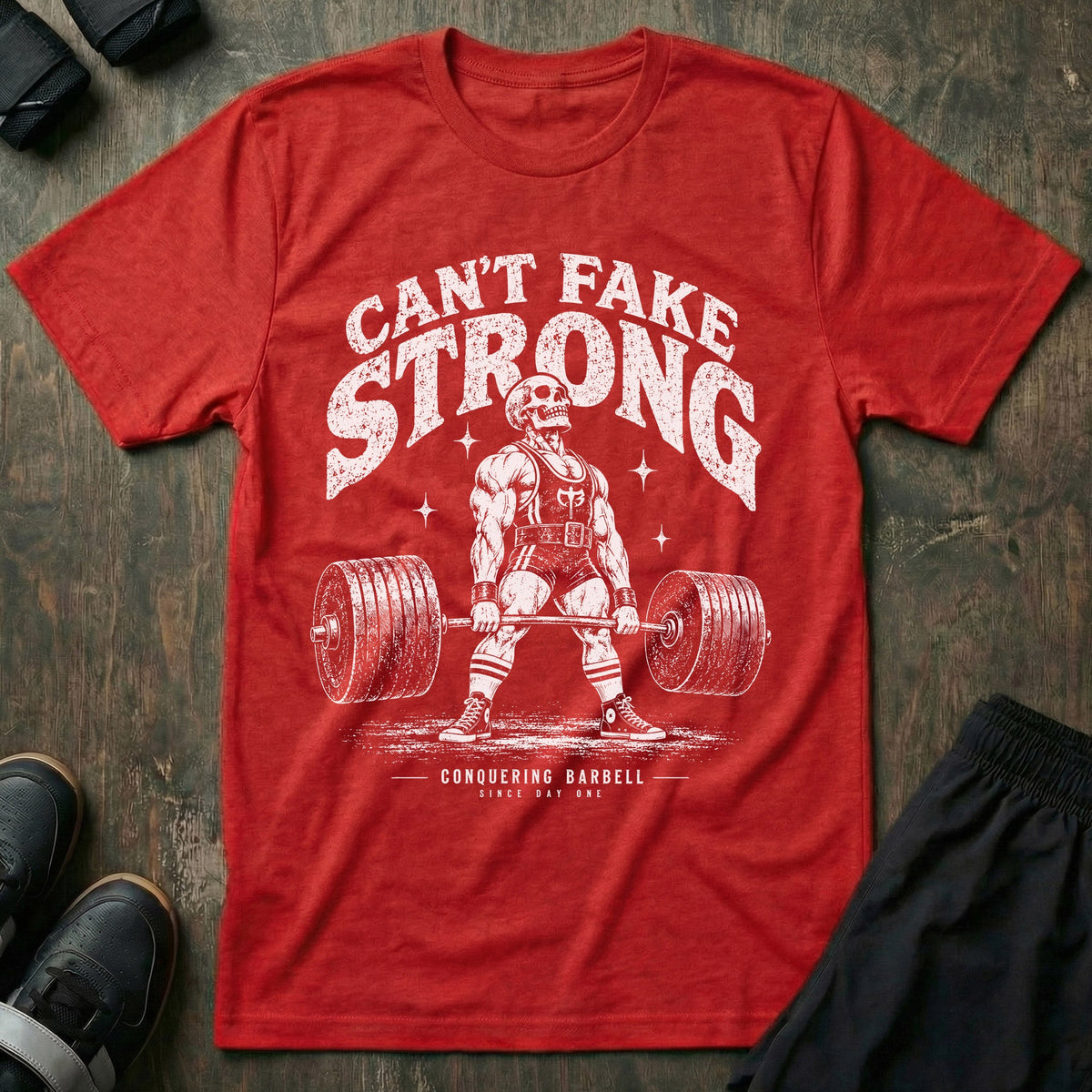 Can't Fake Strong tee in Red: a jacked skeleton lifter at the top of a deadlift