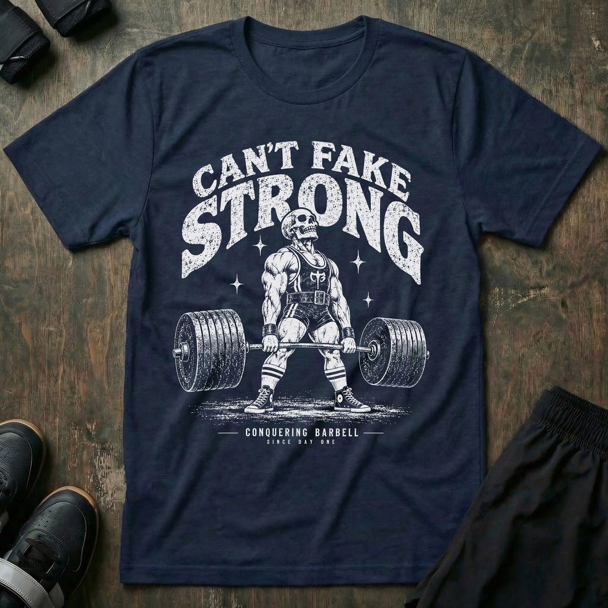 Can't Fake Strong tee in Navy: a jacked skeleton lifter at the top of a deadlift