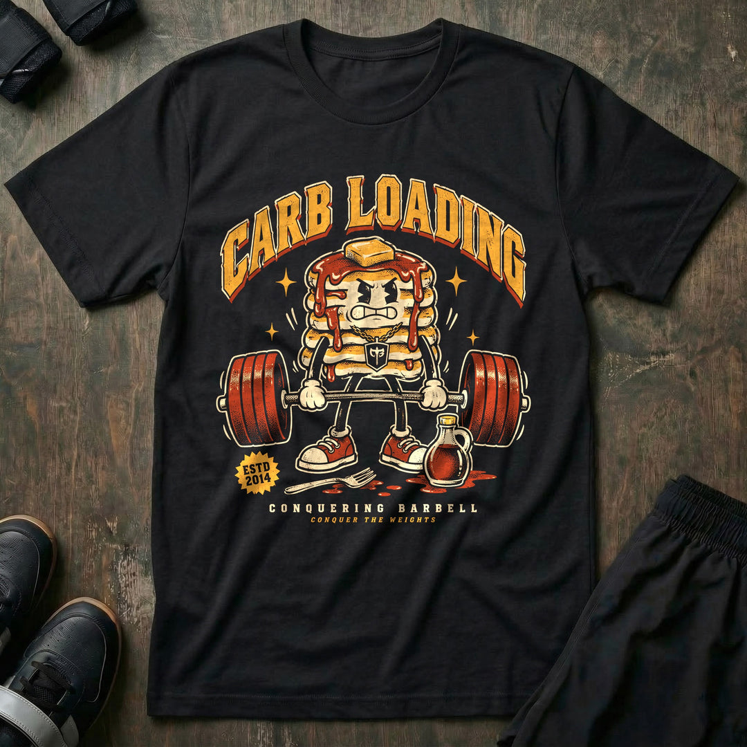 Carb Loading - Tee front graphic in Black with an angry pancake stack mascot deadlifting a loaded barbell - Conquering Barbell