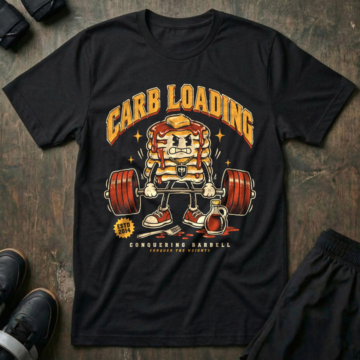 Carb Loading - Tee front graphic in Black with an angry pancake stack mascot deadlifting a loaded barbell - Conquering Barbell