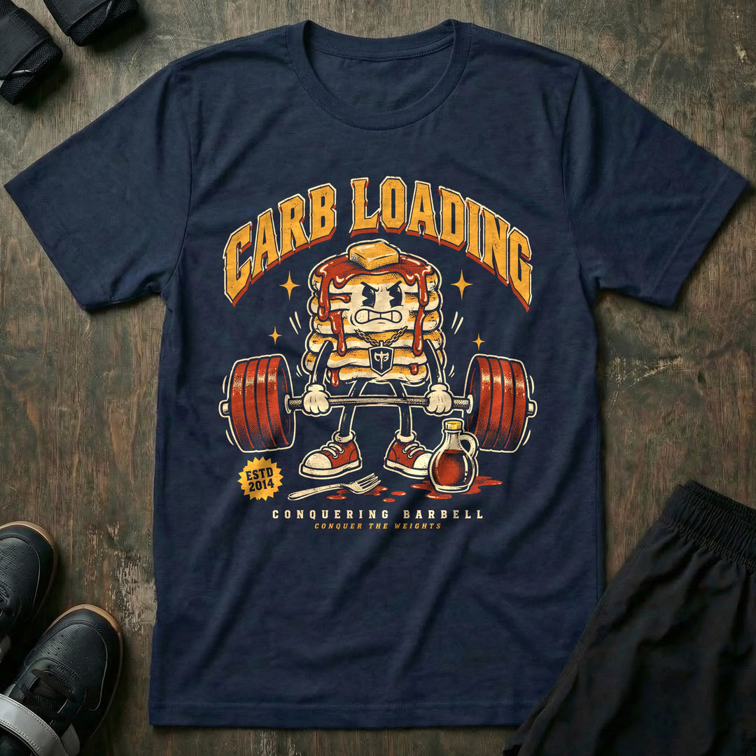 Carb Loading - Tee front graphic in Navy with an angry pancake stack mascot deadlifting a loaded barbell - Conquering Barbell