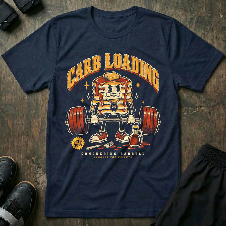 Carb Loading - Tee front graphic in Navy with an angry pancake stack mascot deadlifting a loaded barbell - Conquering Barbell