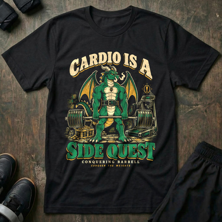 Cardio Is a Side Quest - Tee front graphic in Black with a green dragon deadlifting in a dungeon beside an ignored treadmill - Conquering Barbell