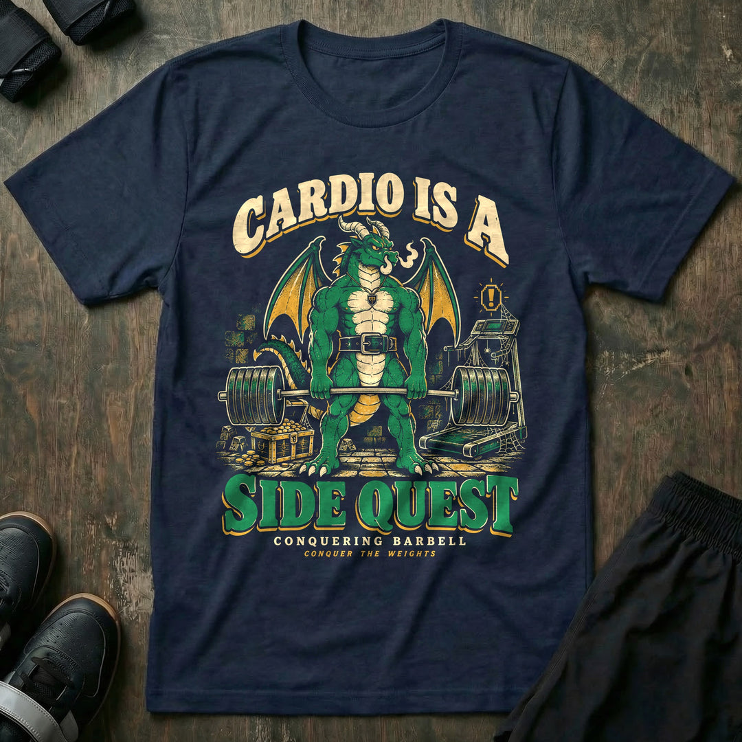 Cardio Is a Side Quest - Tee front graphic in Navy with a green dragon deadlifting in a dungeon beside an ignored treadmill - Conquering Barbell
