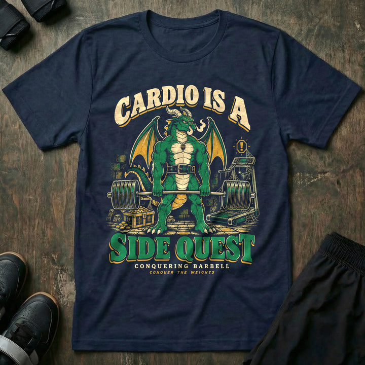 Cardio Is a Side Quest - Tee front graphic in Navy with a green dragon deadlifting in a dungeon beside an ignored treadmill - Conquering Barbell