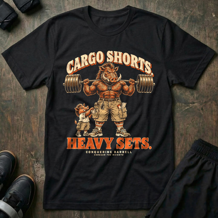 Cargo Shorts. Heavy Sets - Tee front graphic in Black with a warthog dad in cargo shorts holding a loaded barbell on his back while a piglet in matching shorts reaches into his pocket - Conquering Barbell