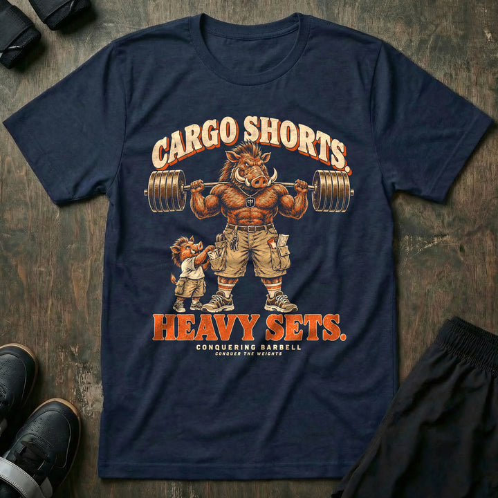 Cargo Shorts. Heavy Sets - Tee front graphic in Navy with a warthog dad in cargo shorts holding a loaded barbell on his back while a piglet in matching shorts reaches into his pocket - Conquering Barbell