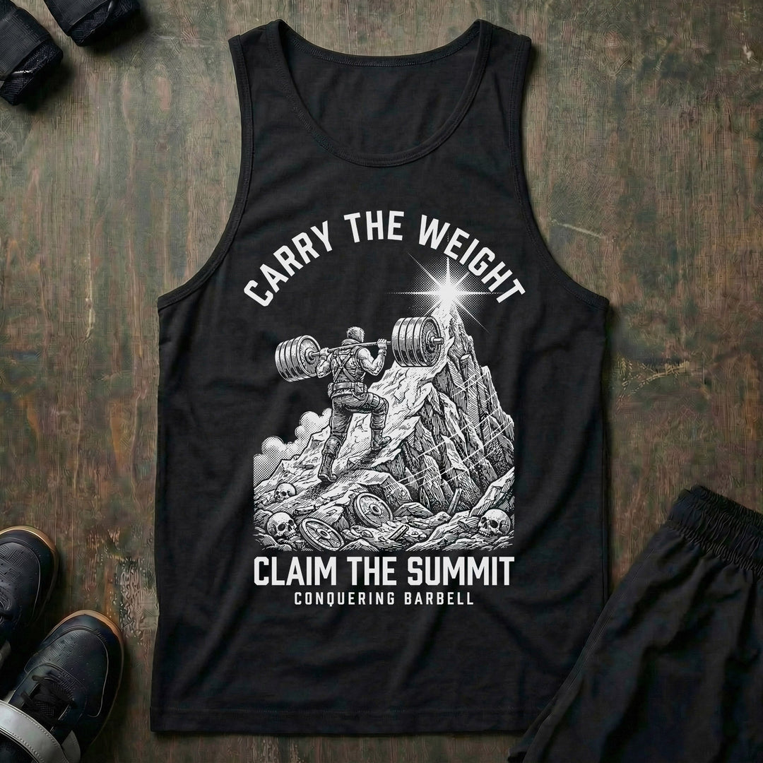 Carry the Weight, Claim the Summit - on Black tank top - Conquering Barbell