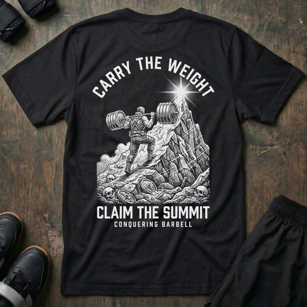 Carry the Weight, Claim the Summit tee in Black: an armored lifter hauling a loaded barbell up a jagged mountain toward