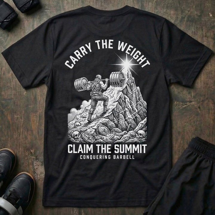 Carry the Weight, Claim the Summit tee in Black: an armored lifter hauling a loaded barbell up a jagged mountain toward