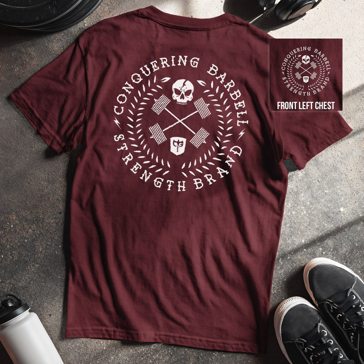 CB Badge - Wreath - on Maroon Tee - Conquering Barbell