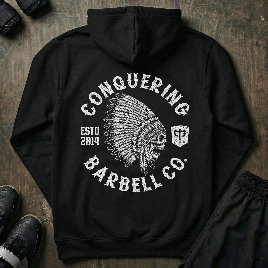 CB Chief pullover hoodie in Black: a stark skull in an elaborate feathered headdress