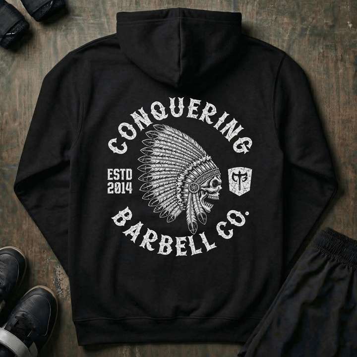 CB Chief pullover hoodie in Black: a stark skull in an elaborate feathered headdress