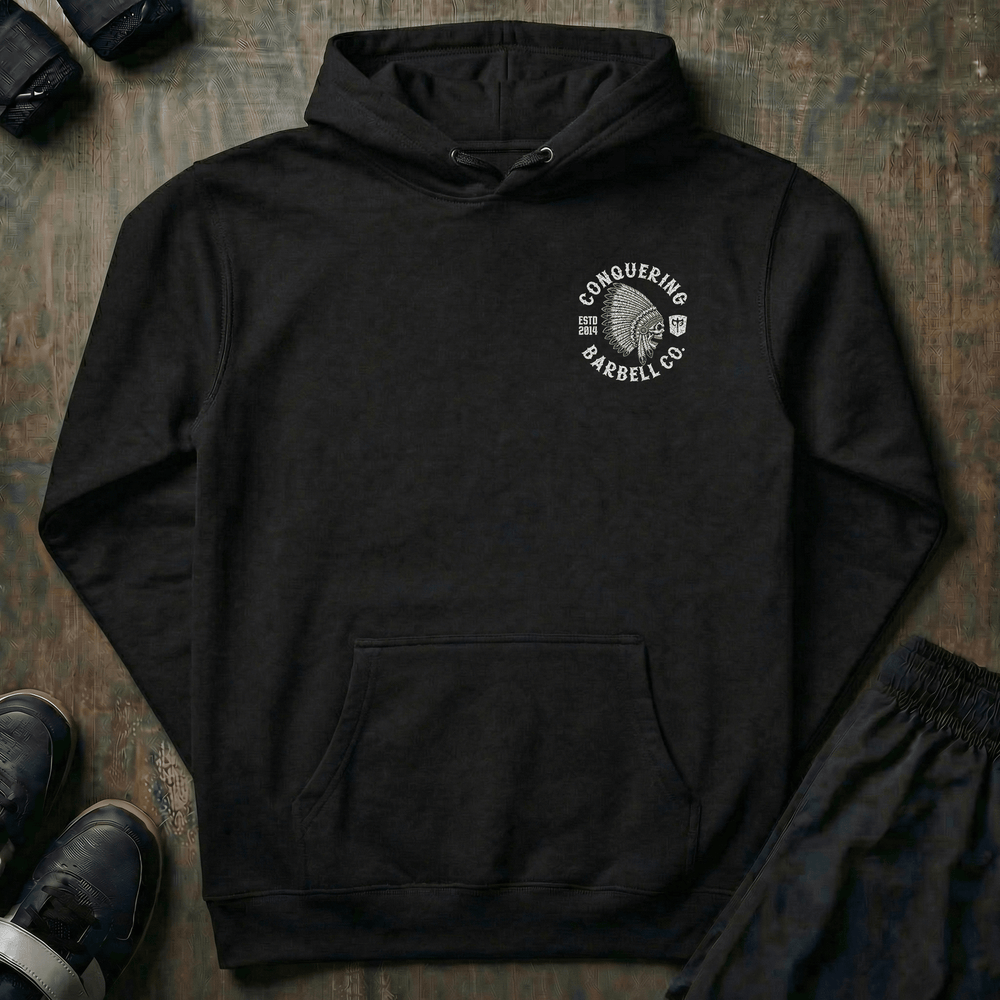 CB Chief pullover hoodie in Black: a stark skull in an elaborate feathered headdress