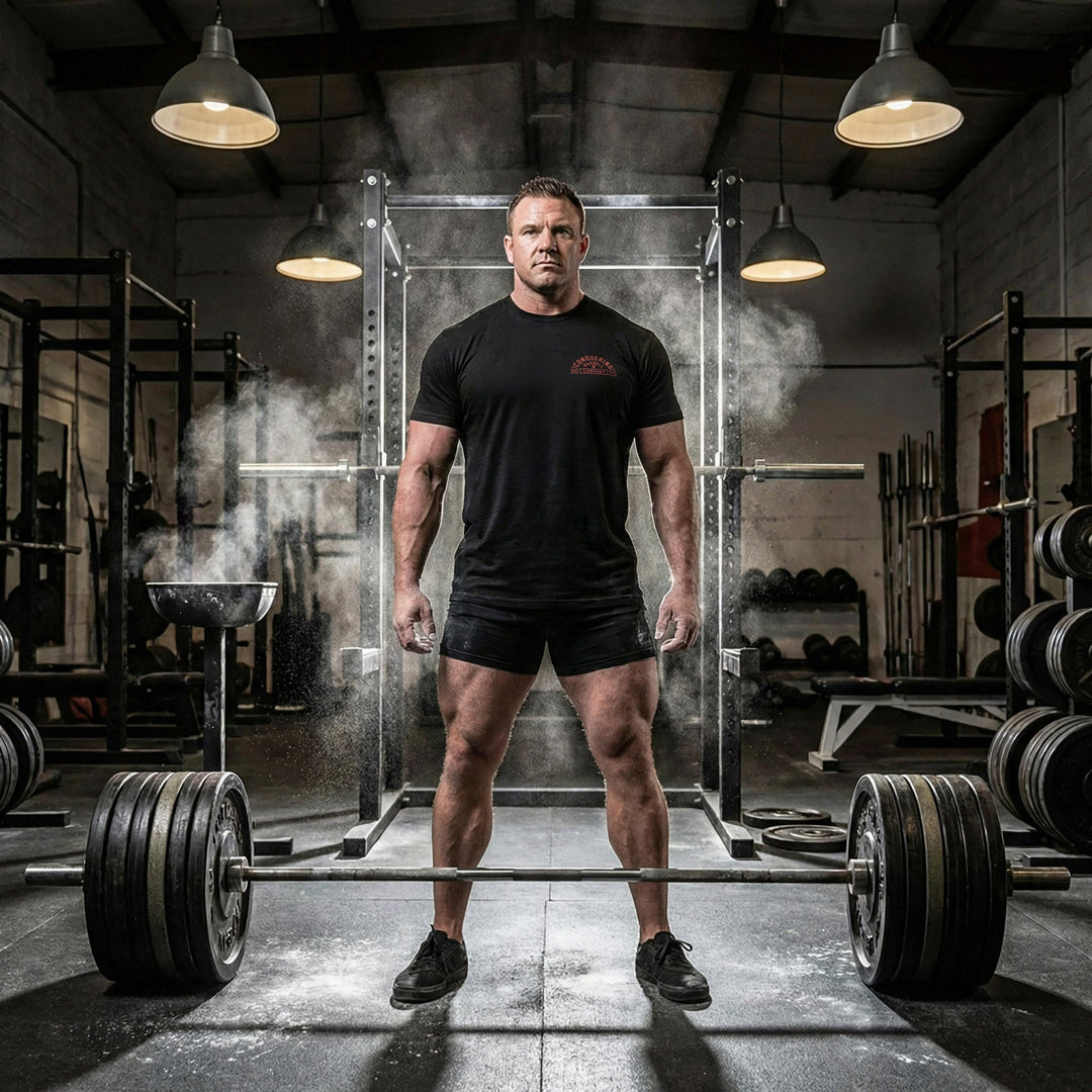 CB Iconic Badge - on Black Tee - Conquering Barbell