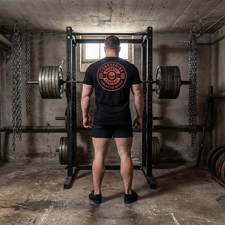 CB Iconic Badge - on Black Tee - Conquering Barbell