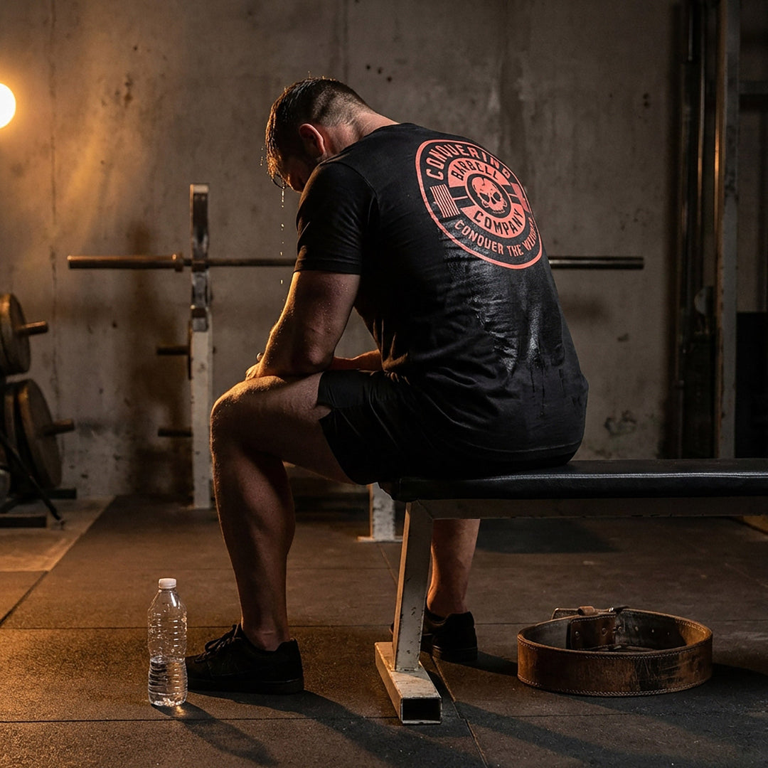 CB Iconic Badge - on Black Tee - Conquering Barbell