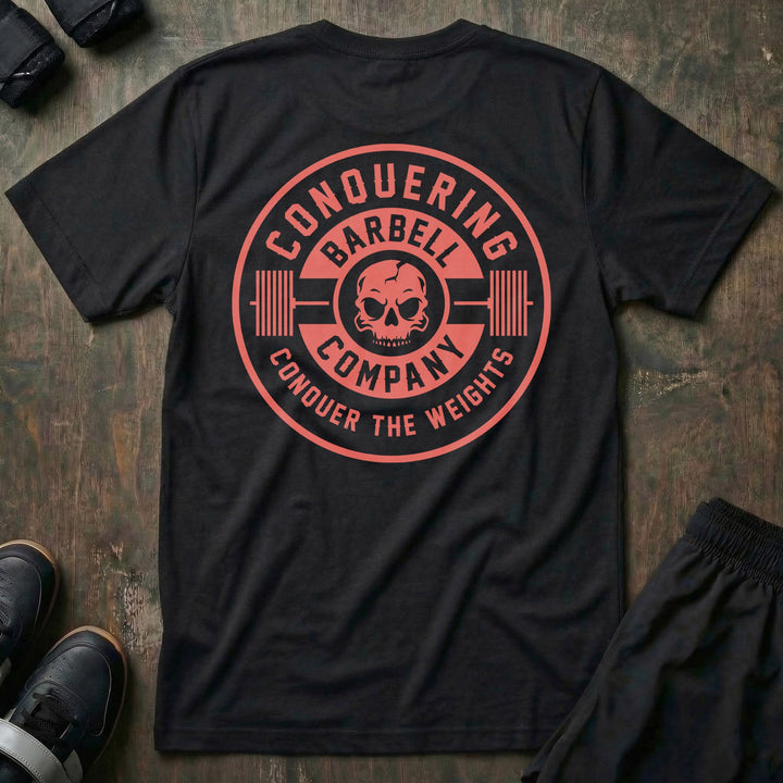 CB Iconic Badge - on Black Tee - Conquering Barbell