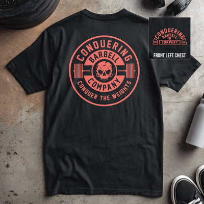 CB Iconic Badge - on Black Tee - Conquering Barbell