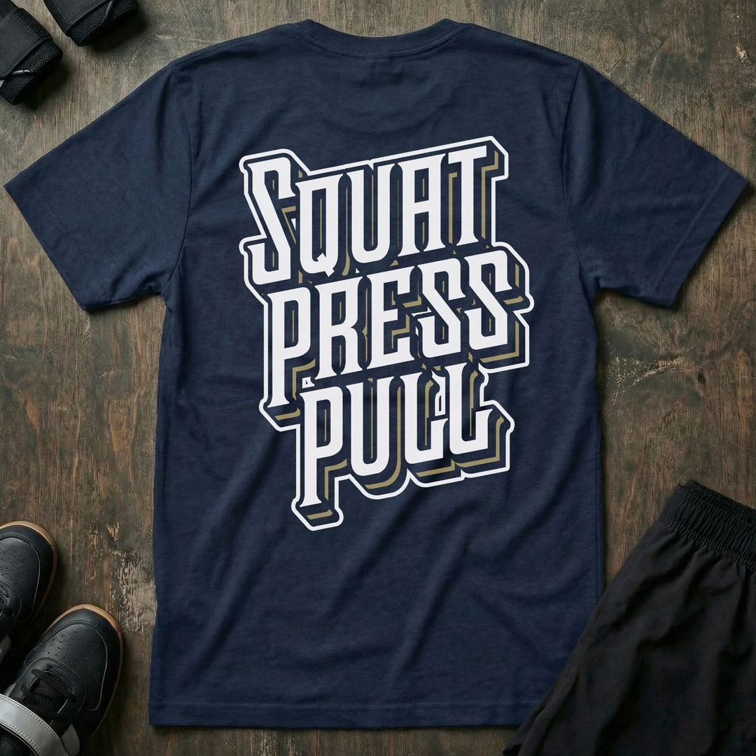 CB Iconic Squat Press Pull® tee in Navy: SQUAT PRESS PULL stacked in bold white block letters across the back