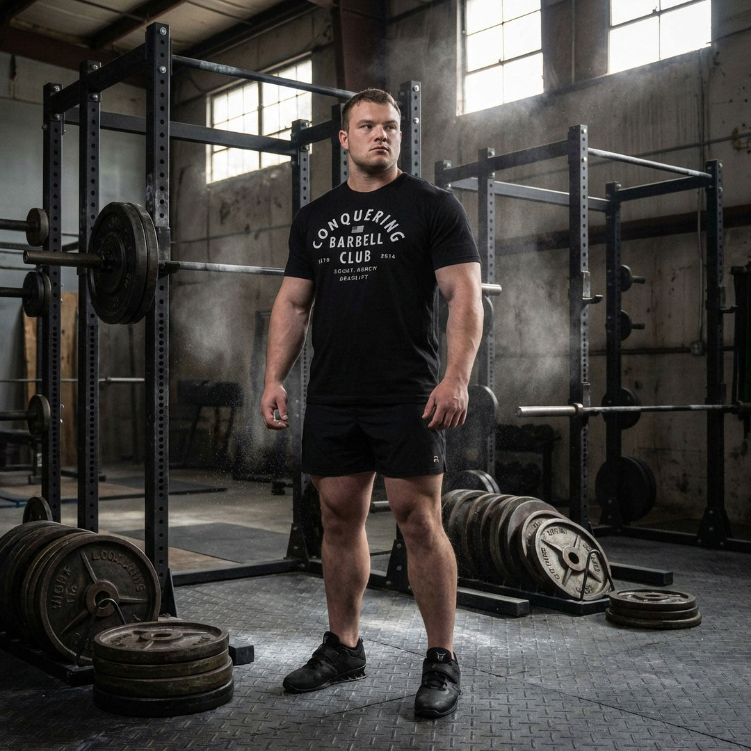 CB LIfting Club tee in Black: CONQUERING arched over an American flag