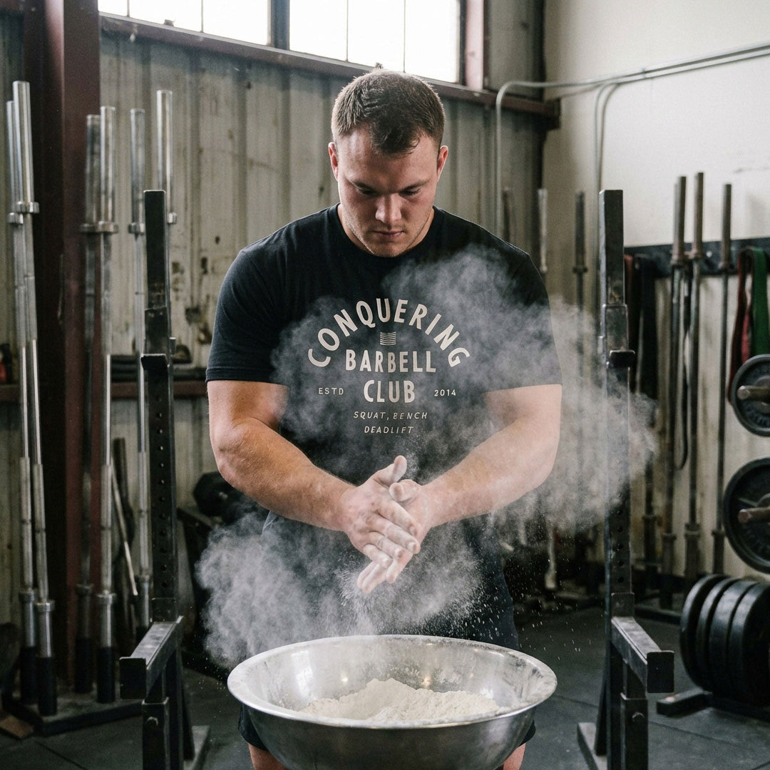 CB LIfting Club tee in Black: CONQUERING arched over an American flag