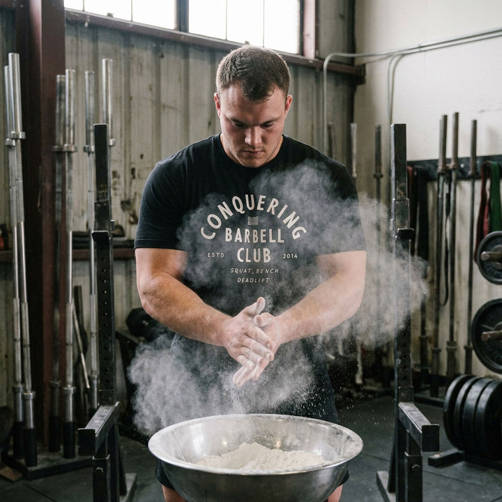 CB LIfting Club tee in Black: CONQUERING arched over an American flag