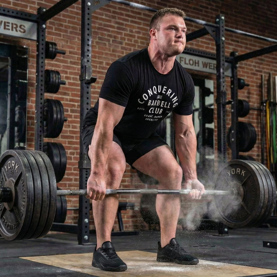 CB LIfting Club tee in Black: CONQUERING arched over an American flag