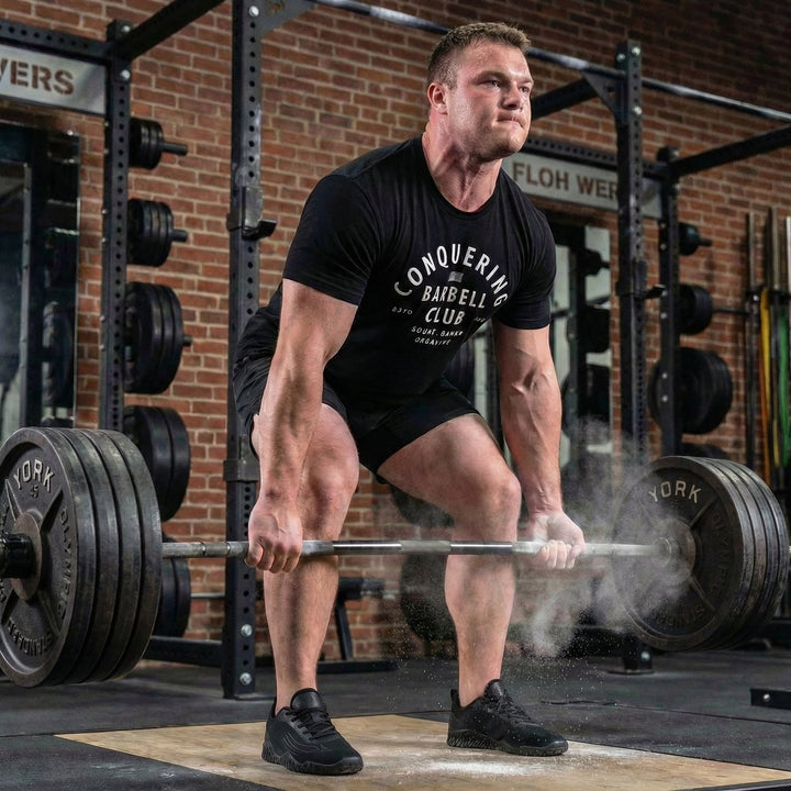 CB LIfting Club tee in Black: CONQUERING arched over an American flag